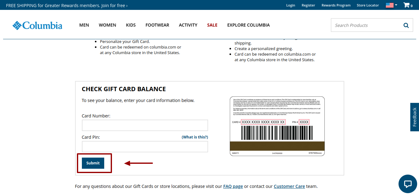 Columbia Gift Card Balance Check