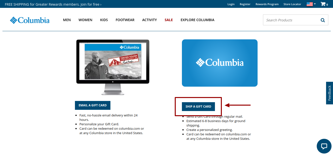 Columbia Gift Card Ship