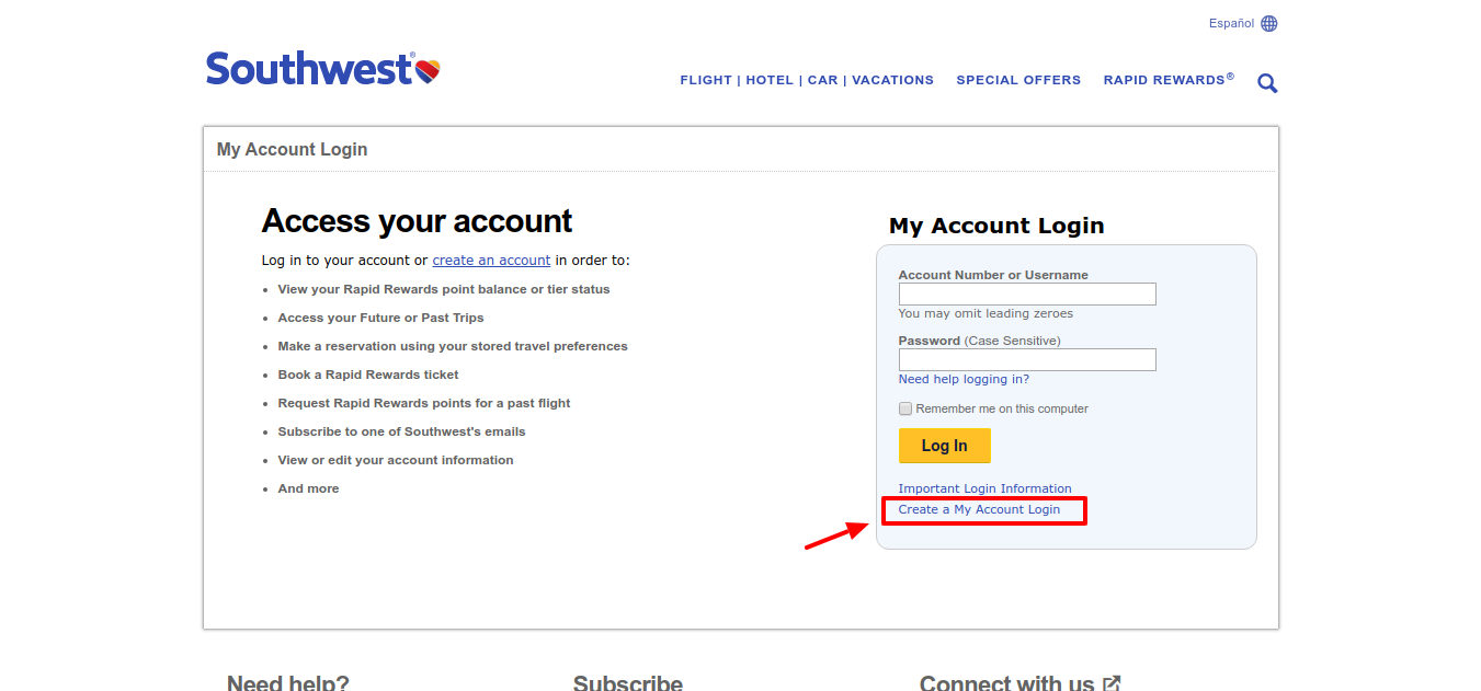 Southwest Create account