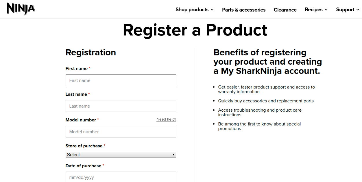 My SharkNinja Register a Product